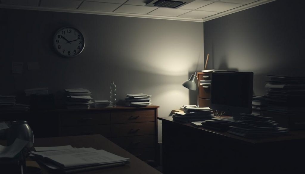 A dimly lit office interior, with a wooden desk, stacks of paperwork, and a neglected computer monitor. Muted tones of gray and brown convey a sense of bureaucratic inertia. In the foreground, a clock on the wall ticks slowly, emphasizing the passage of time. Shadows cast by a single desk lamp create a somber, heavy atmosphere, suggesting the frustration and delays associated with probate processes in the UK. The scene is captured with a medium-wide angle lens, creating a sense of enclosure and adding to the claustrophobic feel. Overall, the image evokes the challenges and difficulties faced by those navigating the complex and often slow-moving probate system. A dimly lit office interior, with a wooden desk, stacks of paperwork, and a neglected computer monitor. Muted tones of gray and brown convey a sense of bureaucratic inertia. In the foreground, a clock on the wall ticks slowly, emphasizing the passage of time. Shadows cast by a single desk lamp create a somber, heavy atmosphere, suggesting the frustration and delays associated with probate processes in the UK. The scene is captured with a medium-wide angle lens, creating a sense of enclosure and adding to the claustrophobic feel. Overall, the image evokes the challenges and difficulties faced by those navigating the complex and often slow-moving probate system.