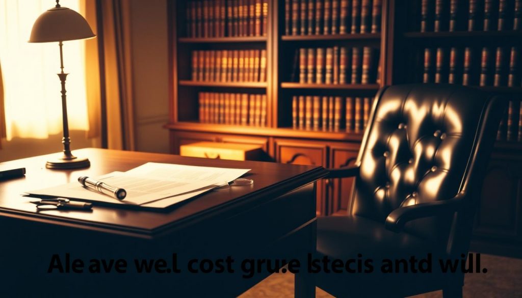 A dimly lit office setting with a wooden desk and chair. On the desk, various legal documents and a pen are neatly arranged, hinting at the professional nature of the space. In the background, a bookshelf filled with leather-bound books adds a sense of authority and expertise. The lighting is warm and soft, creating a calming and contemplative atmosphere, suitable for the task of will creation. The overall scene conveys the average cost and process of will creation, without the need for any explicit text or captions.