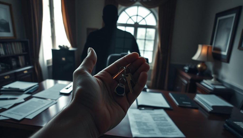 A dimly lit office, with papers and documents scattered across a mahogany desk. In the foreground, a hand reaches out, grasping a set of house keys, symbolizing the perilous act of gifting property. The middle ground features a looming shadow, suggesting the ominous consequences of such a decision. In the background, a large window casts an eerie glow, hinting at the legal and financial pitfalls that await the unwary. The scene is imbued with a sense of foreboding, conveying the message that "giving away the house" can lead to unintended consequences. A dimly lit office, with papers and documents scattered across a mahogany desk. In the foreground, a hand reaches out, grasping a set of house keys, symbolizing the perilous act of gifting property. The middle ground features a looming shadow, suggesting the ominous consequences of such a decision. In the background, a large window casts an eerie glow, hinting at the legal and financial pitfalls that await the unwary. The scene is imbued with a sense of foreboding, conveying the message that "giving away the house" can lead to unintended consequences.