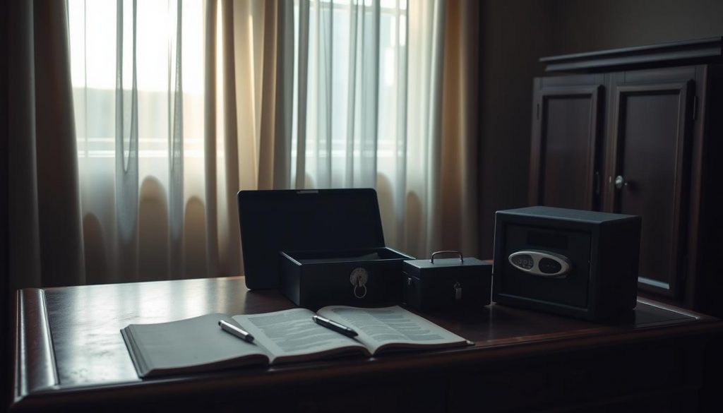 A dimly lit room, soft light filtering through sheer curtains, casting a warm glow on a sturdy wooden desk. On the desk, an open book, a pen, and three distinct storage options for a will: a legal document folder, a lockbox, and a wall-mounted safe. The scene evokes a sense of privacy, security, and the importance of preserving one's final wishes. The composition emphasizes the focus on the storage options, with the surrounding details creating a contemplative, reverent atmosphere. A dimly lit room, soft light filtering through sheer curtains, casting a warm glow on a sturdy wooden desk. On the desk, an open book, a pen, and three distinct storage options for a will: a legal document folder, a lockbox, and a wall-mounted safe. The scene evokes a sense of privacy, security, and the importance of preserving one's final wishes. The composition emphasizes the focus on the storage options, with the surrounding details creating a contemplative, reverent atmosphere.