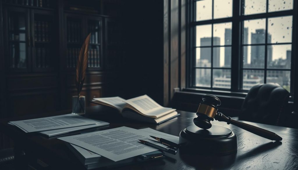 A dimly lit, somber-toned legal office interior. In the foreground, a wooden desk with scattered legal documents, a gavel, and a quill pen. In the middle ground, a bookshelf lined with leather-bound volumes casts shadows across the scene. The background features a large window overlooking a rainy cityscape, the muted light filtering in and creating a pensive atmosphere. The overall mood conveys the weighty implications and complexities surrounding the probate process, hinting at the importance of careful planning and attention to legal details.