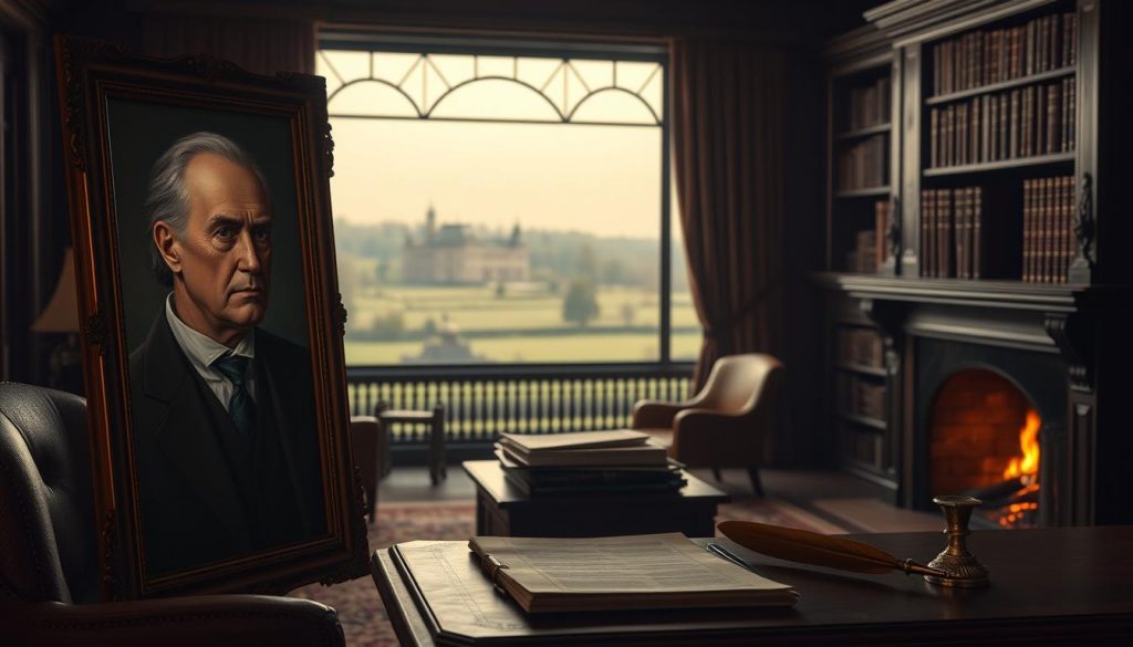 A dimly lit study with mahogany furniture and a large window overlooking a sprawling estate. In the foreground, a brass-framed portrait of a stern-faced patriarch, his gaze conveying the gravity of inheritance tax implications. Beside it, a stack of legal documents and a quill pen, symbolizing the burden of estate planning. In the middle ground, shelves filled with leather-bound books, casting shadows that suggest the weight of generational wealth. The background is hazy, with a crackling fireplace casting an amber glow, hinting at the intergenerational tensions inherent in navigating the frozen inheritance tax threshold. A dimly lit study with mahogany furniture and a large window overlooking a sprawling estate. In the foreground, a brass-framed portrait of a stern-faced patriarch, his gaze conveying the gravity of inheritance tax implications. Beside it, a stack of legal documents and a quill pen, symbolizing the burden of estate planning. In the middle ground, shelves filled with leather-bound books, casting shadows that suggest the weight of generational wealth. The background is hazy, with a crackling fireplace casting an amber glow, hinting at the intergenerational tensions inherent in navigating the frozen inheritance tax threshold.