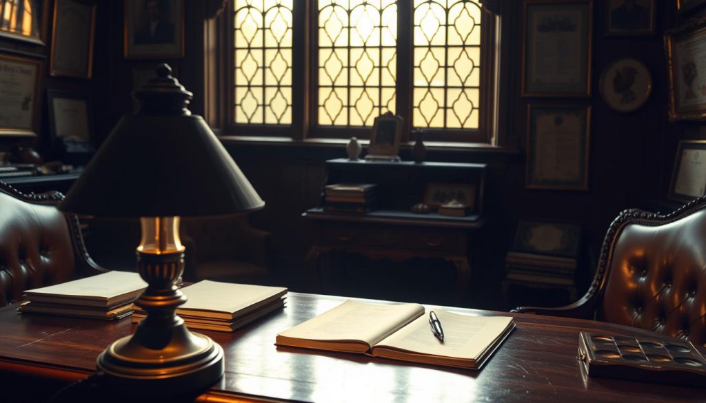 A dimly lit study, with rich mahogany furniture and a large ornate window casting soft, golden light. On the desk, a stack of legal documents and a pen, symbolizing the careful consideration of tax relief. In the foreground, an elegant, antique lamp illuminates the scene, creating a contemplative atmosphere. The walls are adorned with framed certificates and diplomas, hinting at the expertise required to navigate the complexities of inheritance tax. The overall composition conveys a sense of quiet authority and professionalism, befitting the serious subject matter of "nil-rate band inheritance tax relief". A dimly lit study, with rich mahogany furniture and a large ornate window casting soft, golden light. On the desk, a stack of legal documents and a pen, symbolizing the careful consideration of tax relief. In the foreground, an elegant, antique lamp illuminates the scene, creating a contemplative atmosphere. The walls are adorned with framed certificates and diplomas, hinting at the expertise required to navigate the complexities of inheritance tax. The overall composition conveys a sense of quiet authority and professionalism, befitting the serious subject matter of "nil-rate band inheritance tax relief".
