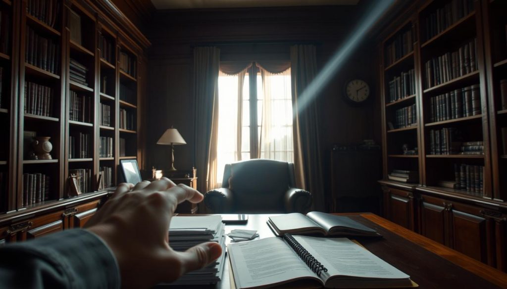 A dimly lit study, wooden bookshelves lining the walls, a worn leather armchair in the center. On the desk, a stack of papers, a laptop, and an open ledger book. A single beam of light from a nearby window illuminates the scene, casting long shadows. A hand reaches out from the foreground, carefully sifting through the papers, the search for a misplaced will palpable in the air. The atmosphere is one of quiet concentration, the soft ticking of a clock the only sound. Diffuse lighting, a medium field of view, and a shallow depth of field focus the viewer's attention on the central task at hand. A dimly lit study, wooden bookshelves lining the walls, a worn leather armchair in the center. On the desk, a stack of papers, a laptop, and an open ledger book. A single beam of light from a nearby window illuminates the scene, casting long shadows. A hand reaches out from the foreground, carefully sifting through the papers, the search for a misplaced will palpable in the air. The atmosphere is one of quiet concentration, the soft ticking of a clock the only sound. Diffuse lighting, a medium field of view, and a shallow depth of field focus the viewer's attention on the central task at hand.