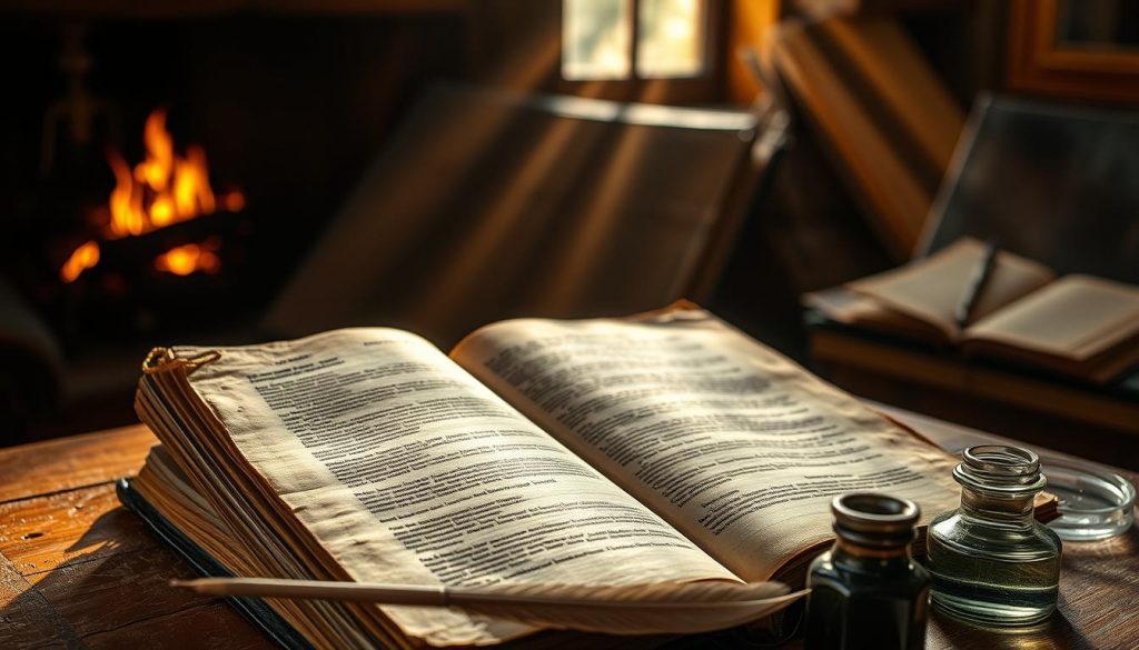 A dusty old tome, its leather binding cracked and worn, lies open on a wooden table, its pages yellowed with age. Shafts of warm, golden light stream in through a nearby window, casting a soft glow on the weathered text. The room is quiet, save for the gentle crackle of a fire in the hearth, creating a contemplative, scholarly atmosphere. In the foreground, a quill pen and an inkwell sit beside the book, hinting at the importance of the document and the care with which it must be handled. The overall scene conveys a sense of reverence and the weight of uncovering a lost piece of history. A dusty old tome, its leather binding cracked and worn, lies open on a wooden table, its pages yellowed with age. Shafts of warm, golden light stream in through a nearby window, casting a soft glow on the weathered text. The room is quiet, save for the gentle crackle of a fire in the hearth, creating a contemplative, scholarly atmosphere. In the foreground, a quill pen and an inkwell sit beside the book, hinting at the importance of the document and the care with which it must be handled. The overall scene conveys a sense of reverence and the weight of uncovering a lost piece of history.