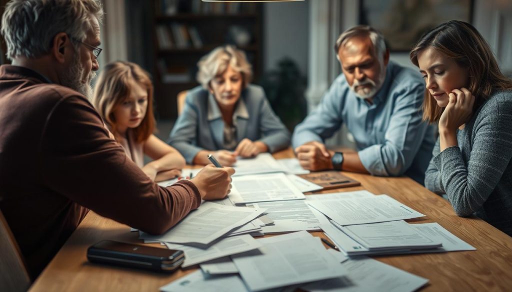 A family sitting around a table, faces tense, papers and documents scattered, as they navigate the complexities of probate. The lighting is soft, conveying a somber, contemplative mood. The composition places the family members in the foreground, with blurred background details suggesting a domestic setting. The angle is slightly elevated, giving a sense of observing the scene unfold. The overall atmosphere reflects the delicate balance of emotions and the importance of clear communication during this challenging process. A family sitting around a table, faces tense, papers and documents scattered, as they navigate the complexities of probate. The lighting is soft, conveying a somber, contemplative mood. The composition places the family members in the foreground, with blurred background details suggesting a domestic setting. The angle is slightly elevated, giving a sense of observing the scene unfold. The overall atmosphere reflects the delicate balance of emotions and the importance of clear communication during this challenging process.