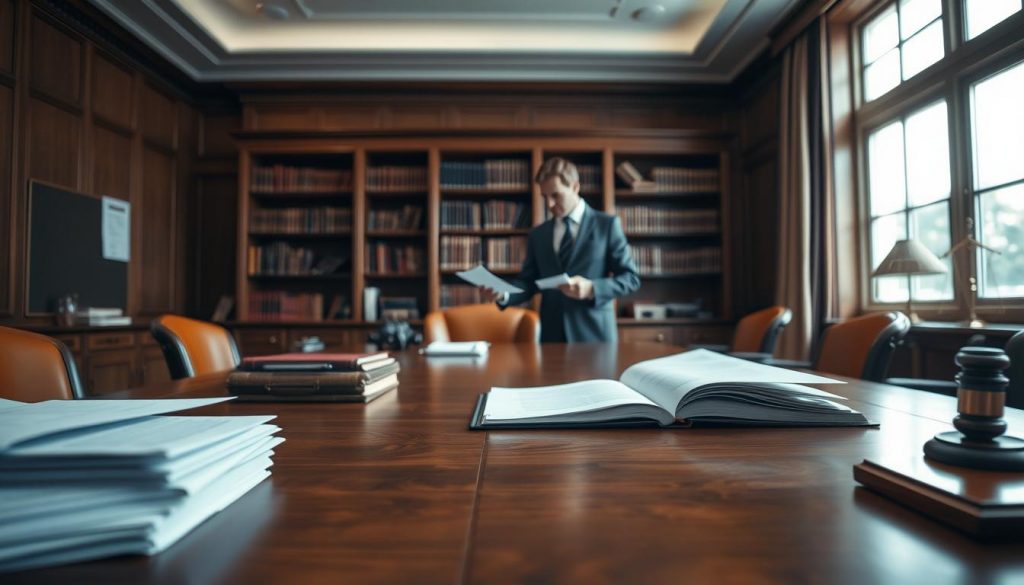A formal legal office interior, illuminated by soft, diffused lighting from large windows. A wooden desk dominates the foreground, with stacks of documents and an open ledger. In the middle ground, a lawyer in a suit reviews paperwork, while behind them, bookshelves line the walls, conveying the gravity and authority of the probate process. The atmosphere is one of quiet professionalism, with a sense of the meticulous attention to detail required to navigate the legal complexities of this important procedure. A formal legal office interior, illuminated by soft, diffused lighting from large windows. A wooden desk dominates the foreground, with stacks of documents and an open ledger. In the middle ground, a lawyer in a suit reviews paperwork, while behind them, bookshelves line the walls, conveying the gravity and authority of the probate process. The atmosphere is one of quiet professionalism, with a sense of the meticulous attention to detail required to navigate the legal complexities of this important procedure.
