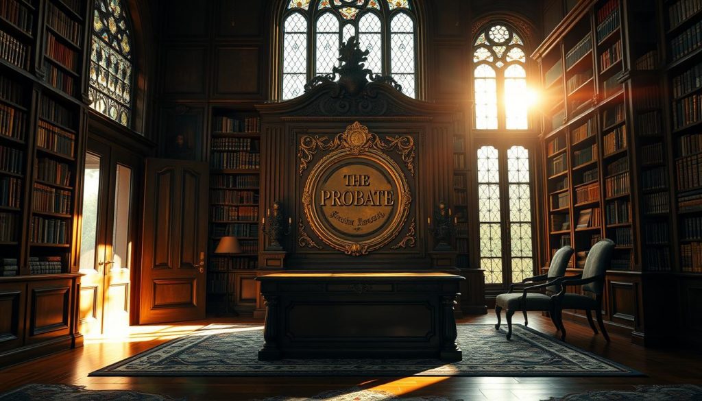A grand estate's entrance with an ornate brass plaque, signifying the importance of the probate process. Warm sunlight filters through stained glass windows, casting a reverent glow over the scene. Towering bookshelves line the walls, hinting at the legal complexities within. A large, polished wooden desk sits at the center, beckoning the viewer to envision the meticulous administration of the deceased's affairs. The atmosphere exudes a sense of solemn responsibility, emphasizing the gravity of properly validating the will and distributing the assets of the departed. A grand estate's entrance with an ornate brass plaque, signifying the importance of the probate process. Warm sunlight filters through stained glass windows, casting a reverent glow over the scene. Towering bookshelves line the walls, hinting at the legal complexities within. A large, polished wooden desk sits at the center, beckoning the viewer to envision the meticulous administration of the deceased's affairs. The atmosphere exudes a sense of solemn responsibility, emphasizing the gravity of properly validating the will and distributing the assets of the departed.