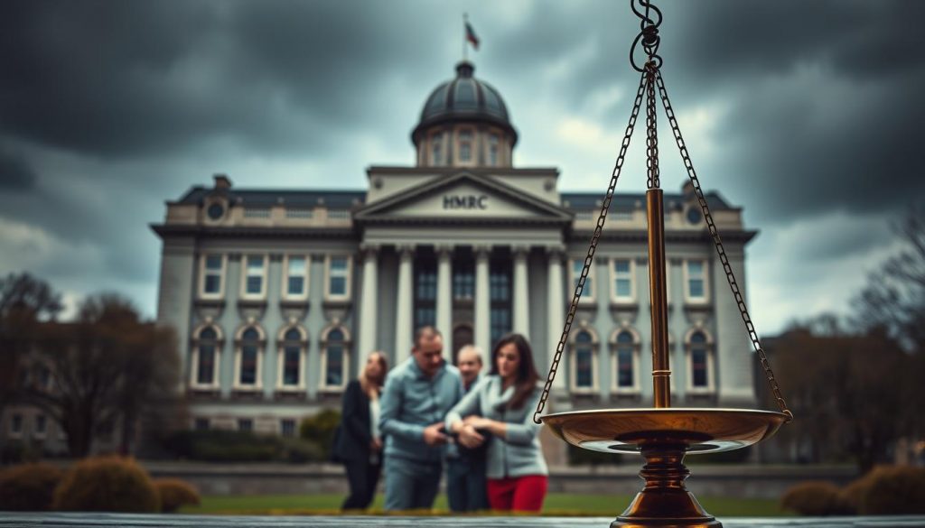 A grand, imposing building representing the UK's HMRC (Her Majesty's Revenue and Customs) looms in the background, bathed in a somber, authoritative light. In the middle ground, a family gathers nervously, their expressions reflecting the weighty implications of inheritance tax laws. In the foreground, a scale-like structure symbolizes the delicate balance between personal wealth transfer and government taxation policies. The scene conveys the complex legal framework surrounding inheritance and the challenges faced by UK citizens navigating the intricacies of HMRC regulations. A grand, imposing building representing the UK's HMRC (Her Majesty's Revenue and Customs) looms in the background, bathed in a somber, authoritative light. In the middle ground, a family gathers nervously, their expressions reflecting the weighty implications of inheritance tax laws. In the foreground, a scale-like structure symbolizes the delicate balance between personal wealth transfer and government taxation policies. The scene conveys the complex legal framework surrounding inheritance and the challenges faced by UK citizens navigating the intricacies of HMRC regulations.