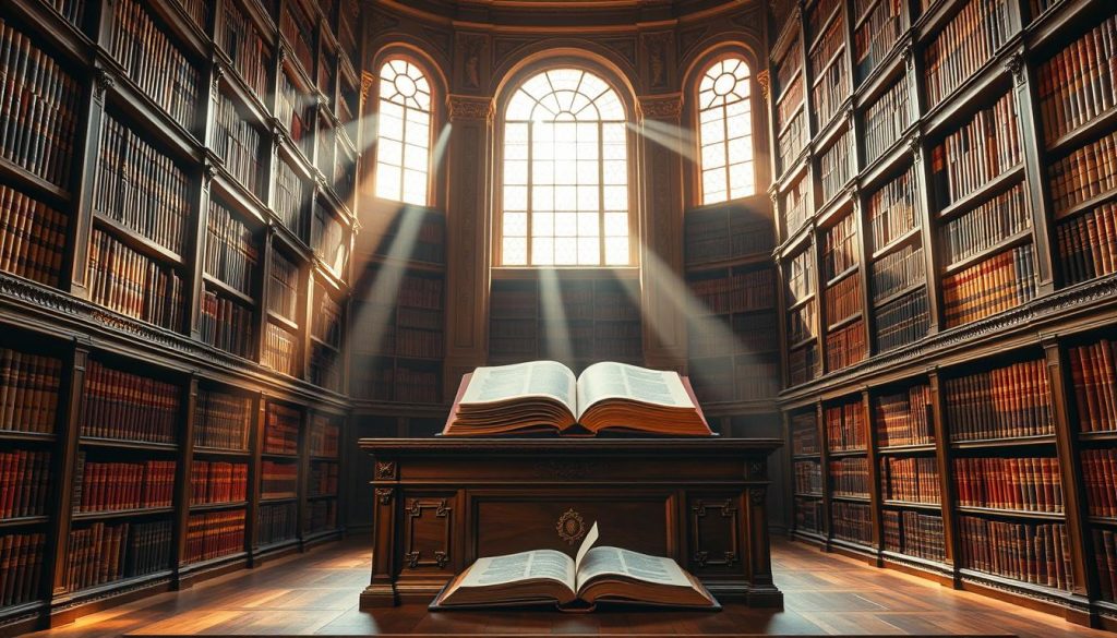 A grand, majestic library with towering bookshelves lining the walls, their spines adorned with leather and gold. Rays of warm, golden light filter through tall windows, casting a soft, reverent glow over a large, ornate oak desk in the center. Resting atop the desk is an open book, its pages illuminated, representing the importance and solemnity of a last will and testament. The scene conveys a sense of gravity and timelessness, underscoring the weight and significance of this legal document. A grand, majestic library with towering bookshelves lining the walls, their spines adorned with leather and gold. Rays of warm, golden light filter through tall windows, casting a soft, reverent glow over a large, ornate oak desk in the center. Resting atop the desk is an open book, its pages illuminated, representing the importance and solemnity of a last will and testament. The scene conveys a sense of gravity and timelessness, underscoring the weight and significance of this legal document.