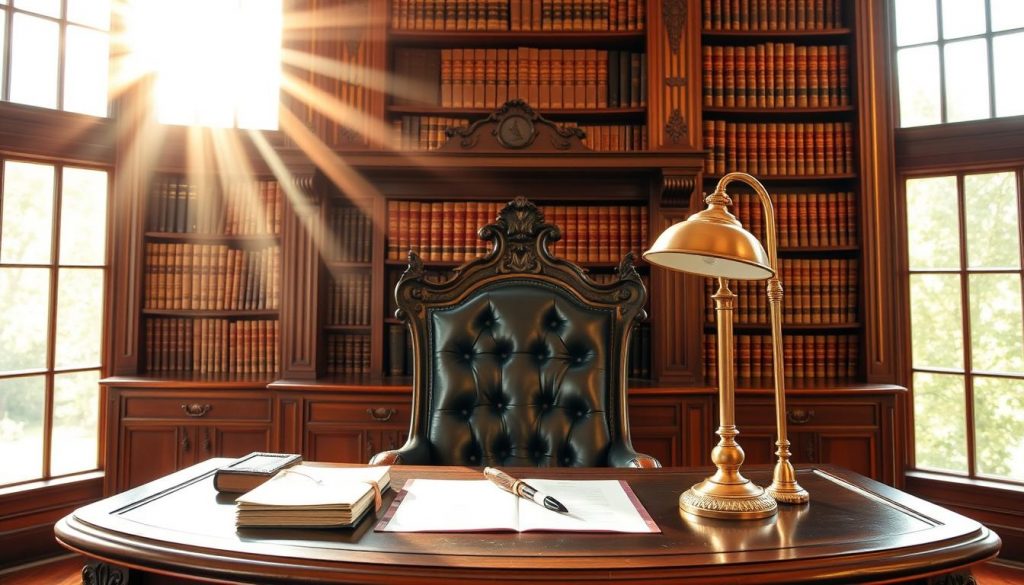 A grand, ornate wooden desk with a vintage leather chair, set against a backdrop of rich, mahogany bookshelves. Sunlight streams through large windows, casting a warm, golden glow on the scene. On the desk, carefully arranged legal documents, a quill pen, and an antique brass desk lamp provide a sense of authority and tradition. The overall atmosphere evokes a sense of gravitas and expertise, fitting for an illustration of "Inheritance Tax implications for gifts into trusts." A grand, ornate wooden desk with a vintage leather chair, set against a backdrop of rich, mahogany bookshelves. Sunlight streams through large windows, casting a warm, golden glow on the scene. On the desk, carefully arranged legal documents, a quill pen, and an antique brass desk lamp provide a sense of authority and tradition. The overall atmosphere evokes a sense of gravitas and expertise, fitting for an illustration of "Inheritance Tax implications for gifts into trusts."