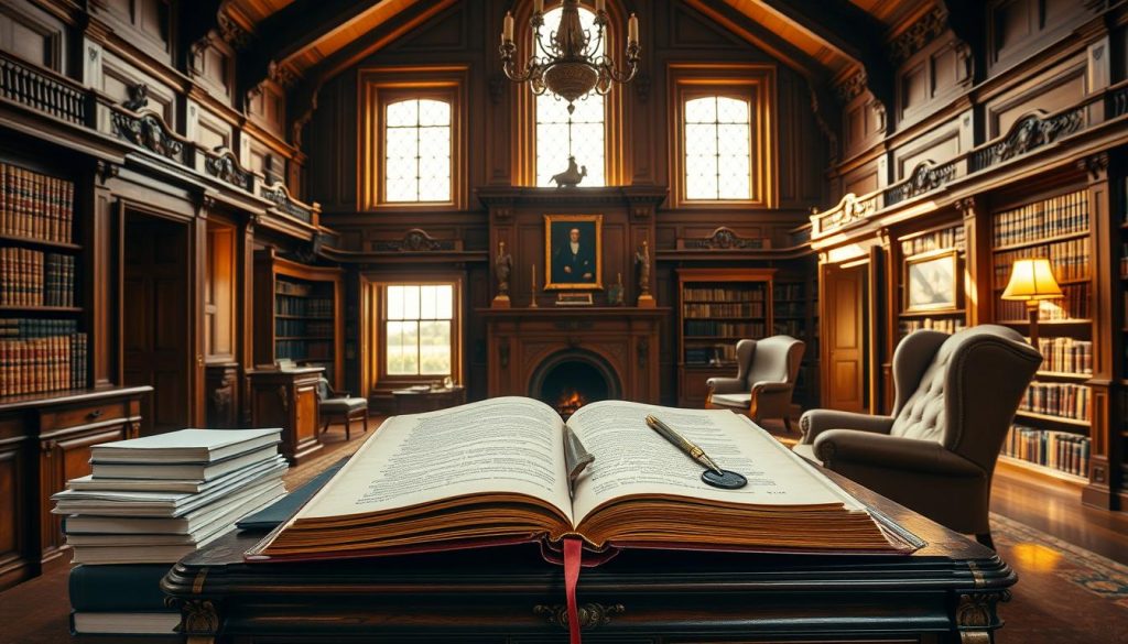 A high-ceilinged, wood-paneled office in a stately British manor, flooded with warm, golden light from large windows. On the ornate mahogany desk, an open book with a coat of arms on the cover, representing the legal framework for wills in the UK. Stacks of documents, a quill pen, and a wax seal nearby, conveying the formality and tradition of the country's will-making process. In the background, bookshelves filled with leather-bound volumes, a plush armchair, and a roaring fireplace, creating an atmosphere of scholarly authority and timeless elegance. A high-ceilinged, wood-paneled office in a stately British manor, flooded with warm, golden light from large windows. On the ornate mahogany desk, an open book with a coat of arms on the cover, representing the legal framework for wills in the UK. Stacks of documents, a quill pen, and a wax seal nearby, conveying the formality and tradition of the country's will-making process. In the background, bookshelves filled with leather-bound volumes, a plush armchair, and a roaring fireplace, creating an atmosphere of scholarly authority and timeless elegance.