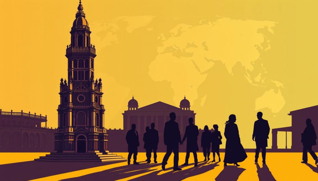 A high-contrast, architectural-style illustration depicting the international legal framework governing cross-border wills. In the foreground, a towering structure symbolizing the legal system, with intricate details and ornate embellishments. In the middle ground, abstract silhouettes of individuals, representing the global reach of international wills. The background features a faded world map, hinting at the global context. The overall scene is illuminated by a warm, directional light, casting dramatic shadows and conveying a sense of authority and gravitas. The composition is balanced and symmetrical, emphasizing the structured, institutional nature of the legal framework.