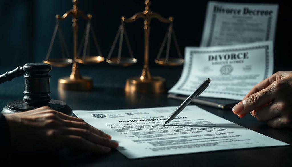 A high-contrast legal document close-up, with two hands signing paperwork against a blurred background of a gavel, scales of justice, and a divorce decree. Dramatic lighting casts dramatic shadows, emphasizing the gravity and importance of the moment. The document should be legible enough to convey the idea of "beneficiary designations" without including any specific text. An atmosphere of seriousness, finality, and transition. A high-contrast legal document close-up, with two hands signing paperwork against a blurred background of a gavel, scales of justice, and a divorce decree. Dramatic lighting casts dramatic shadows, emphasizing the gravity and importance of the moment. The document should be legible enough to convey the idea of "beneficiary designations" without including any specific text. An atmosphere of seriousness, finality, and transition.