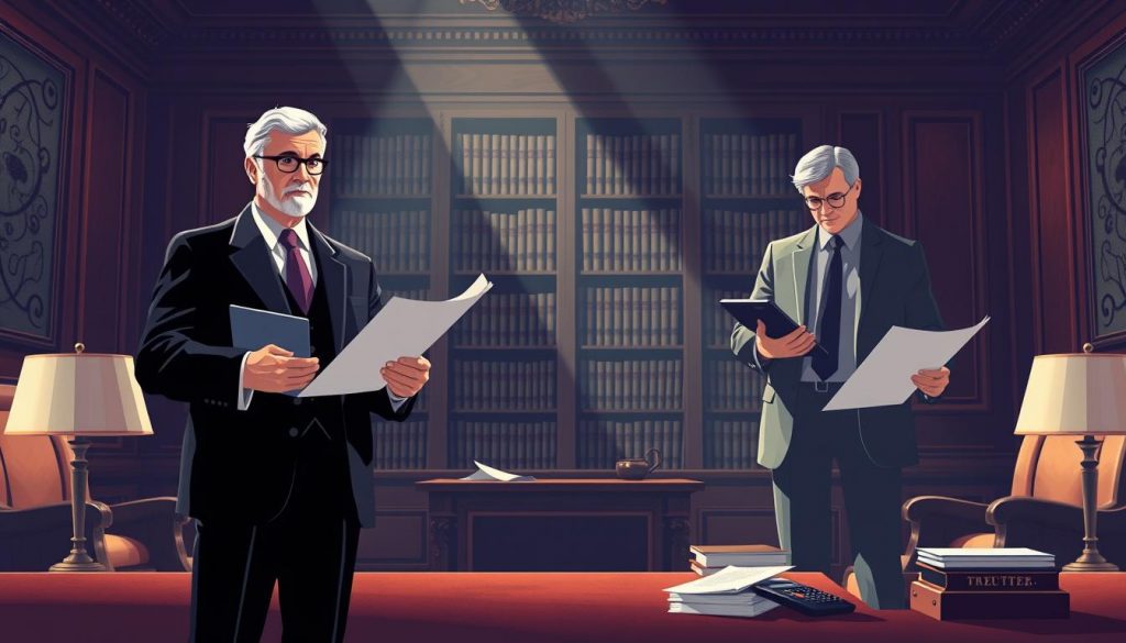 A high-contrast legal document illustration showcasing the distinct responsibilities of an executor and a trustee. In the foreground, an executor figure stands solemnly, holding legal papers and overseeing the distribution of an estate. In the middle ground, a trustee figure carefully manages financial assets, with ledgers and a calculator visible. The background features a somber, elegant law office setting with wood paneling, a large bookshelf, and a shaft of light casting dramatic shadows. The scene conveys the gravity and importance of the executor and trustee roles in the UK legal system.