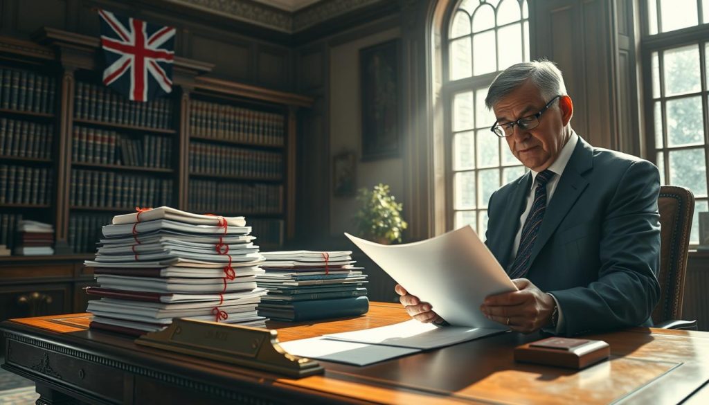 A high-contrast, photorealistic rendering of UK probate regulations in a government office setting. Sunlight streams through large windows, illuminating an ornate wooden desk with stacks of official documents, stamped seals, and a brass nameplate. In the foreground, a middle-aged civil servant in a crisp suit reviews paperwork, their expression one of focused attention. The background features bookshelves filled with legal tomes and a Union Jack flag hanging on the wall, conveying the gravity and authority of the proceedings. The overall tone is one of seriousness and professionalism, befitting the weighty subject matter. A high-contrast, photorealistic rendering of UK probate regulations in a government office setting. Sunlight streams through large windows, illuminating an ornate wooden desk with stacks of official documents, stamped seals, and a brass nameplate. In the foreground, a middle-aged civil servant in a crisp suit reviews paperwork, their expression one of focused attention. The background features bookshelves filled with legal tomes and a Union Jack flag hanging on the wall, conveying the gravity and authority of the proceedings. The overall tone is one of seriousness and professionalism, befitting the weighty subject matter.