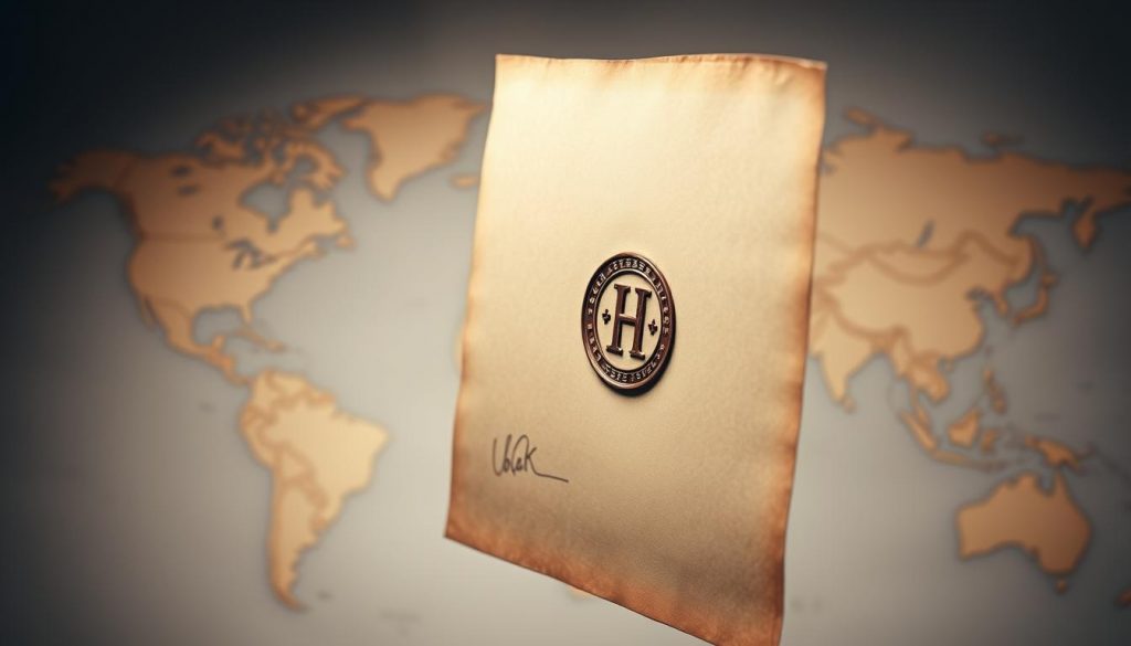 A meticulously crafted UK legal document, its intricate seal and signature prominently displayed, floating in a serene, muted atmosphere. Softly lit from the side, the parchment-like paper exudes an air of tradition and authority. In the background, a subtly blurred world map suggests the international context, hinting at the document's global validity. The overall composition conveys a sense of gravitas and cross-border recognition, reflecting the seriousness of ensuring a UK will's legal standing abroad.