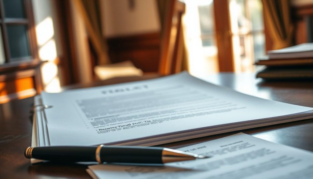A meticulously crafted document lies on a mahogany desk, its edges crisp and its contents formal. Sunlight filters through the window, casting a warm glow upon the scene. In the foreground, a quill pen and a stack of official-looking papers hint at the gravity of the task at hand - the revocation of a UK will. The background is softly blurred, drawing the viewer's attention to the central focus. The mood is one of solemnity and legal significance, conveying the importance of this process.