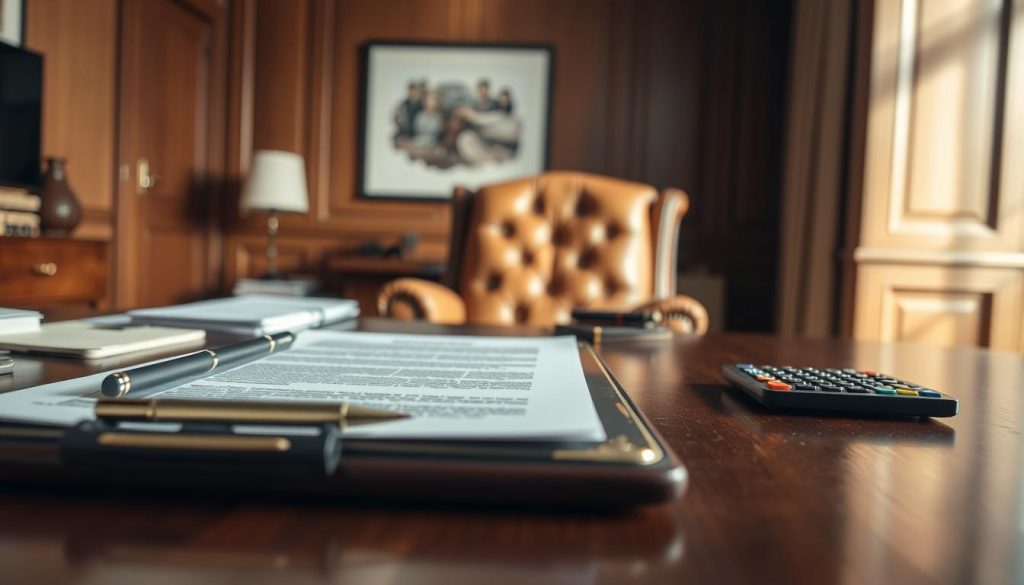A meticulously crafted estate planning scene, captured through the lens of a high-resolution camera. In the foreground, a tastefully designed contract or document rests on a mahogany desk, surrounded by a well-organized array of pens, a calculator, and other professional accoutrements. The middle ground features a comfortable leather chair, inviting the viewer to envision a thoughtful consultation between a financial advisor and their client. The background showcases a warm, wood-paneled office space, enhanced by soft, directional lighting that casts a contemplative ambiance. Subtle, muted tones of brown, beige, and gray create a sophisticated, understated atmosphere, embodying the careful, deliberative nature of successful estate planning strategies. A meticulously crafted estate planning scene, captured through the lens of a high-resolution camera. In the foreground, a tastefully designed contract or document rests on a mahogany desk, surrounded by a well-organized array of pens, a calculator, and other professional accoutrements. The middle ground features a comfortable leather chair, inviting the viewer to envision a thoughtful consultation between a financial advisor and their client. The background showcases a warm, wood-paneled office space, enhanced by soft, directional lighting that casts a contemplative ambiance. Subtle, muted tones of brown, beige, and gray create a sophisticated, understated atmosphere, embodying the careful, deliberative nature of successful estate planning strategies.