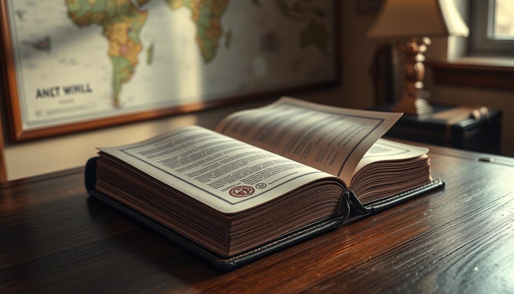 A meticulously crafted leather-bound book sits on a mahogany desk, its pages filled with intricate international legal contracts and seals. Soft, warm lighting illuminates the scene, casting a cozy and professional atmosphere. In the background, a map of the world hangs on the wall, hinting at the global reach and significance of the wills and assets documented within the book. The composition emphasizes the importance and gravity of the subject matter, conveying a sense of order, authority, and attention to detail.