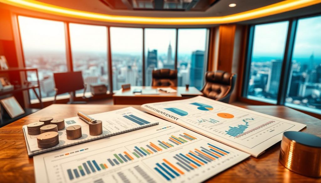 A meticulously curated investment portfolio is on display, showcasing a diverse array of financial instruments. In the foreground, detailed reports and graphs illustrate the nuanced strategies employed to manage this wealth. The middle ground features a well-appointed office setting, with a large oak desk and leather chair, evoking a sense of sophistication and authority. In the background, a panoramic window offers a view of a bustling city skyline, hinting at the global reach and impact of these investment decisions. Warm, directional lighting casts a professional, authoritative atmosphere, while a shallow depth of field draws the viewer's attention to the core elements of investment portfolio management. A meticulously curated investment portfolio is on display, showcasing a diverse array of financial instruments. In the foreground, detailed reports and graphs illustrate the nuanced strategies employed to manage this wealth. The middle ground features a well-appointed office setting, with a large oak desk and leather chair, evoking a sense of sophistication and authority. In the background, a panoramic window offers a view of a bustling city skyline, hinting at the global reach and impact of these investment decisions. Warm, directional lighting casts a professional, authoritative atmosphere, while a shallow depth of field draws the viewer's attention to the core elements of investment portfolio management.