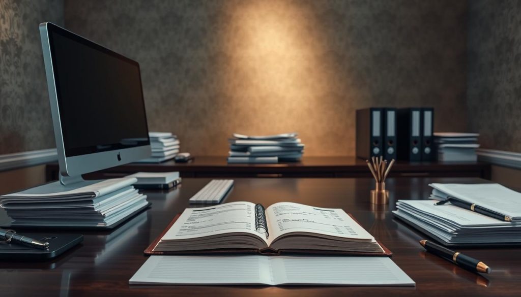 A meticulously designed executive desk, its surface showcasing a sleek computer monitor, stacks of organized documents, and a sophisticated pen set. In the center, an open ledger book with handwritten entries, representing the careful management of an executor's bank account. Soft, directional lighting casts a warm glow, creating a professional and focused atmosphere. The background features a muted, elegant wallpaper pattern, emphasizing the importance and gravity of the financial responsibilities entrusted to the executor. The overall composition conveys a sense of diligence, attention to detail, and the serious nature of handling an executor's banking affairs. A meticulously designed executive desk, its surface showcasing a sleek computer monitor, stacks of organized documents, and a sophisticated pen set. In the center, an open ledger book with handwritten entries, representing the careful management of an executor's bank account. Soft, directional lighting casts a warm glow, creating a professional and focused atmosphere. The background features a muted, elegant wallpaper pattern, emphasizing the importance and gravity of the financial responsibilities entrusted to the executor. The overall composition conveys a sense of diligence, attention to detail, and the serious nature of handling an executor's banking affairs.