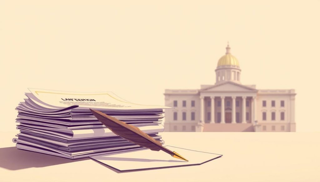A meticulously detailed illustration depicting the Letters of Administration process, set against a soft, muted background. In the foreground, a stack of official documents and a quill pen, symbolizing the legal and administrative aspects. The middle ground features a government seal, conveying the authoritative nature of the proceedings. In the background, a subtly rendered courthouse or government building, hinting at the institutional context. Warm, natural lighting casts a contemplative tone, emphasizing the gravity and importance of this legal process. The overall composition strikes a balance between formality and approachability, inviting the viewer to understand the significance of Letters of Administration in the absence of a will. A meticulously detailed illustration depicting the Letters of Administration process, set against a soft, muted background. In the foreground, a stack of official documents and a quill pen, symbolizing the legal and administrative aspects. The middle ground features a government seal, conveying the authoritative nature of the proceedings. In the background, a subtly rendered courthouse or government building, hinting at the institutional context. Warm, natural lighting casts a contemplative tone, emphasizing the gravity and importance of this legal process. The overall composition strikes a balance between formality and approachability, inviting the viewer to understand the significance of Letters of Administration in the absence of a will.