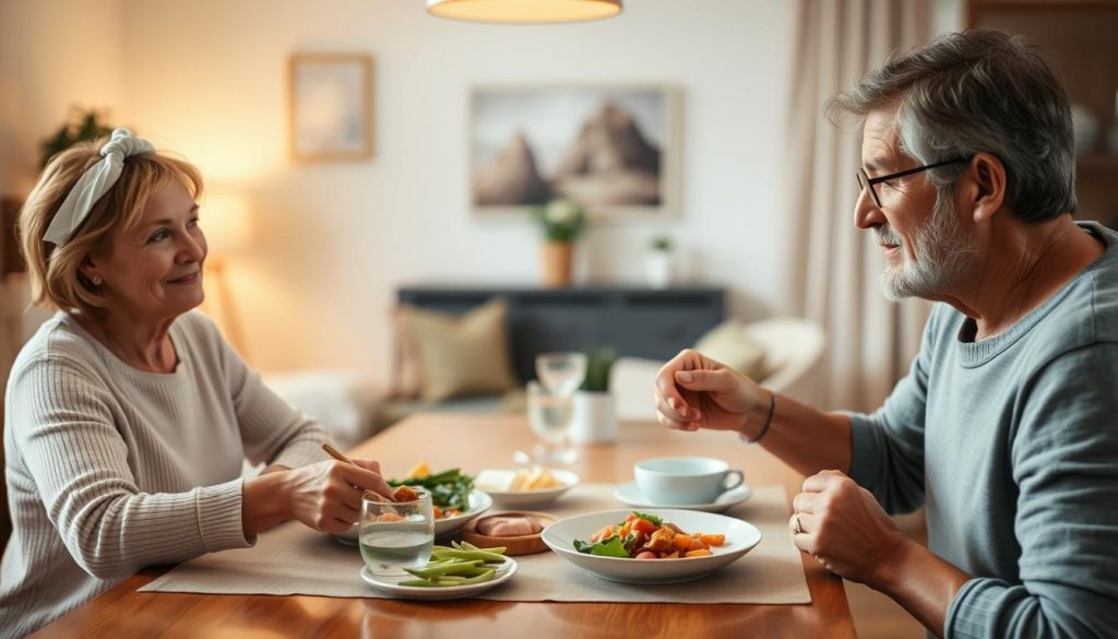 A middle-aged couple seated at a dining table, enjoying a simple yet nourishing meal. Soft, warm lighting casts a cozy glow, highlighting the couple's relaxed expressions as they discuss their daily finances. In the background, a tasteful, minimalist living room scene provides a sense of comfort and domesticity. The overall atmosphere conveys a sense of modest, responsible spending habits and a lifestyle of modest, sustainable enjoyment of one's income. A middle-aged couple seated at a dining table, enjoying a simple yet nourishing meal. Soft, warm lighting casts a cozy glow, highlighting the couple's relaxed expressions as they discuss their daily finances. In the background, a tasteful, minimalist living room scene provides a sense of comfort and domesticity. The overall atmosphere conveys a sense of modest, responsible spending habits and a lifestyle of modest, sustainable enjoyment of one's income.