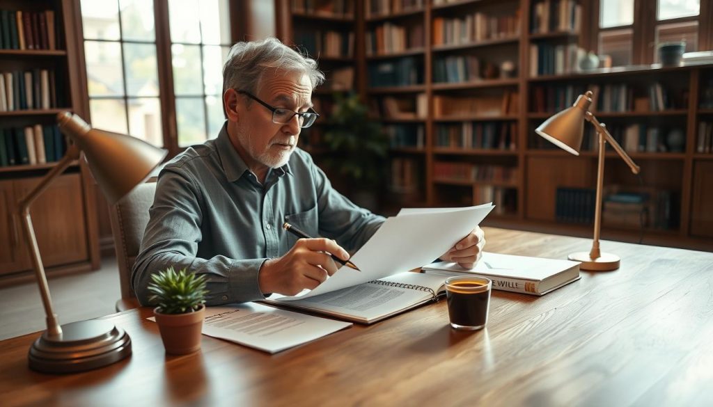 A middle-aged person sitting at a wooden desk, carefully reviewing legal documents and a pen in hand, symbolizing the thoughtful process of creating a will. The desk is adorned with a small plant, a cup of coffee, and a desk lamp, creating a serene and focused atmosphere. The room is softly lit, with natural light filtering through large windows, casting a warm glow on the scene. The walls are lined with bookshelves, hinting at the depth of legal knowledge required to understand the complexities of will preparation. The overall composition conveys the gravity and importance of the task at hand, the sense of responsibility, and the need for careful consideration when making decisions about one's estate. A middle-aged person sitting at a wooden desk, carefully reviewing legal documents and a pen in hand, symbolizing the thoughtful process of creating a will. The desk is adorned with a small plant, a cup of coffee, and a desk lamp, creating a serene and focused atmosphere. The room is softly lit, with natural light filtering through large windows, casting a warm glow on the scene. The walls are lined with bookshelves, hinting at the depth of legal knowledge required to understand the complexities of will preparation. The overall composition conveys the gravity and importance of the task at hand, the sense of responsibility, and the need for careful consideration when making decisions about one's estate.
