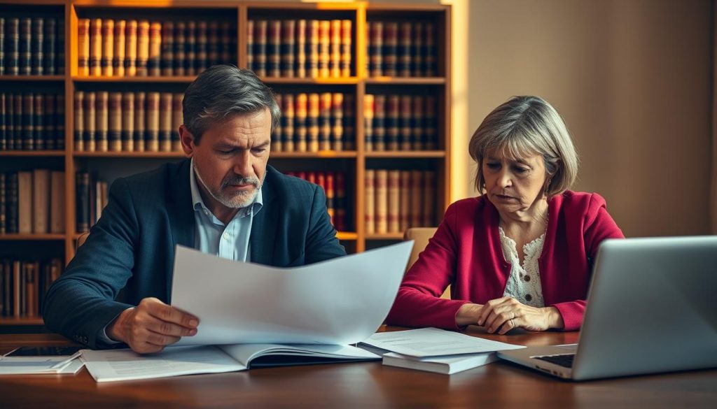 A middle-aged unmarried couple sit at a table, poring over financial documents. The scene is bathed in warm, golden light, casting soft shadows across the room. The man's brow is furrowed in concentration, while the woman's expression is one of concern. In the background, a bookshelf filled with legal tomes and a sleek laptop hint at the complexities of inheritance tax implications they are grappling with. The atmosphere is one of quiet contemplation, underscoring the gravity of their financial situation and the potential impact on their future. A middle-aged unmarried couple sit at a table, poring over financial documents. The scene is bathed in warm, golden light, casting soft shadows across the room. The man's brow is furrowed in concentration, while the woman's expression is one of concern. In the background, a bookshelf filled with legal tomes and a sleek laptop hint at the complexities of inheritance tax implications they are grappling with. The atmosphere is one of quiet contemplation, underscoring the gravity of their financial situation and the potential impact on their future.