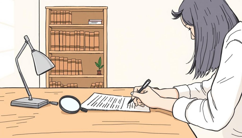 A minimalist, hand-drawn illustration depicting the DIY probate application process. The foreground shows a person filling out probate forms at a wooden desk, with a magnifying glass, pen, and documents in view. The middle ground features a bookshelf with legal books and a potted plant, conveying a sense of organization and study. The background is a soft, muted gradient, placing the focus on the application process. The lighting is natural and diffused, creating a warm, pensive atmosphere. The overall tone is one of meticulous attention to detail and a DIY, self-reliant approach to navigating the probate system. A minimalist, hand-drawn illustration depicting the DIY probate application process. The foreground shows a person filling out probate forms at a wooden desk, with a magnifying glass, pen, and documents in view. The middle ground features a bookshelf with legal books and a potted plant, conveying a sense of organization and study. The background is a soft, muted gradient, placing the focus on the application process. The lighting is natural and diffused, creating a warm, pensive atmosphere. The overall tone is one of meticulous attention to detail and a DIY, self-reliant approach to navigating the probate system.