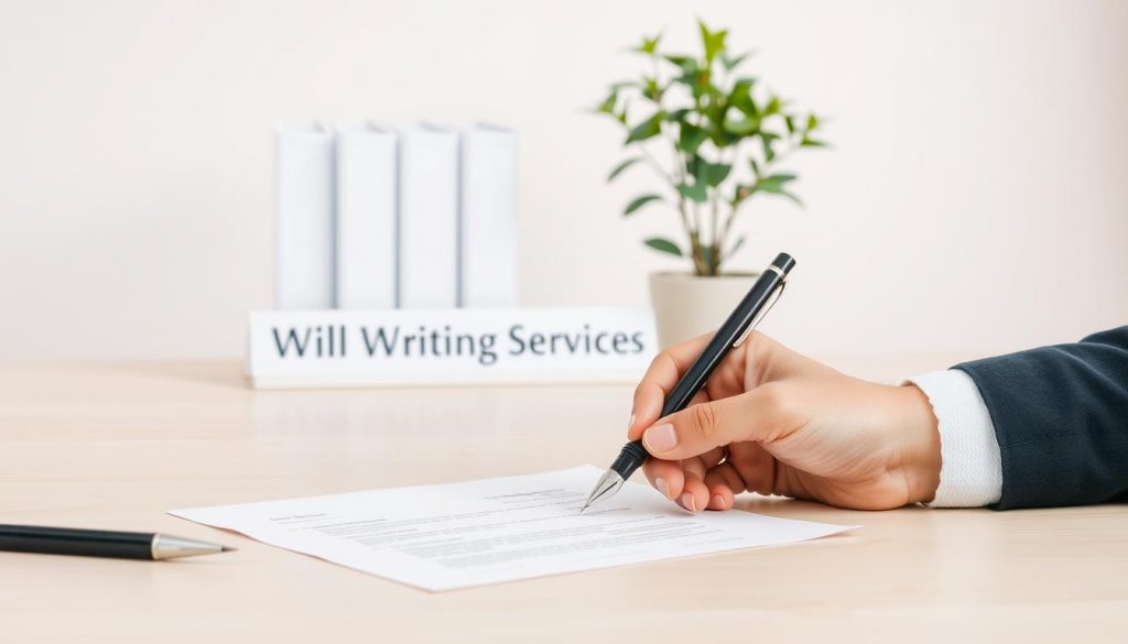 A modern, minimalist composition depicting the essentials of will-writing services. In the foreground, a professional hand fills out a legal document with a calligraphy pen against a light-colored wooden desk surface. In the middle ground, a few neatly arranged legal folders and a nameplate with the text "Will Writing Services" sit alongside a potted plant. The background is softly blurred, suggesting a neutral, office-like environment with natural lighting creating a warm, inviting atmosphere. The overall scene conveys a sense of expertise, organization, and the thoughtful, personalized nature of the will-writing process.