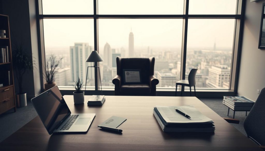 A modern, minimalist financial advisory office interior with a large window overlooking a cityscape. In the foreground, a well-appointed wooden desk with a laptop, pen, and a stack of documents. On the desk, a small potted plant and a framed certificate or award. The middle ground features a comfortable leather armchair and a low table with financial magazines. The background showcases the cityscape view, with a soft, warm lighting filtering through the window, creating a professional yet inviting atmosphere. The overall mood conveys a sense of diligence, expertise, and attention to detail in financial planning. A modern, minimalist financial advisory office interior with a large window overlooking a cityscape. In the foreground, a well-appointed wooden desk with a laptop, pen, and a stack of documents. On the desk, a small potted plant and a framed certificate or award. The middle ground features a comfortable leather armchair and a low table with financial magazines. The background showcases the cityscape view, with a soft, warm lighting filtering through the window, creating a professional yet inviting atmosphere. The overall mood conveys a sense of diligence, expertise, and attention to detail in financial planning.