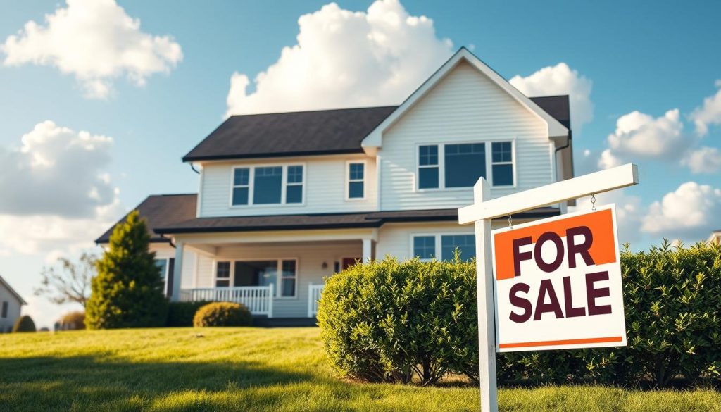 A modern two-story suburban family home, with a well-manicured lawn and a neatly trimmed hedge along the front. The home has a classic gabled roof, white siding, and large windows that let in plenty of natural light. In the foreground, a realtor's "For Sale" sign stands prominently, indicating the property's market value. The background features a blue sky with fluffy white clouds, creating a sense of tranquility and warmth. The overall scene conveys the idea of a comfortable, well-maintained family residence and its potential worth in the real estate market. A modern two-story suburban family home, with a well-manicured lawn and a neatly trimmed hedge along the front. The home has a classic gabled roof, white siding, and large windows that let in plenty of natural light. In the foreground, a realtor's "For Sale" sign stands prominently, indicating the property's market value. The background features a blue sky with fluffy white clouds, creating a sense of tranquility and warmth. The overall scene conveys the idea of a comfortable, well-maintained family residence and its potential worth in the real estate market.