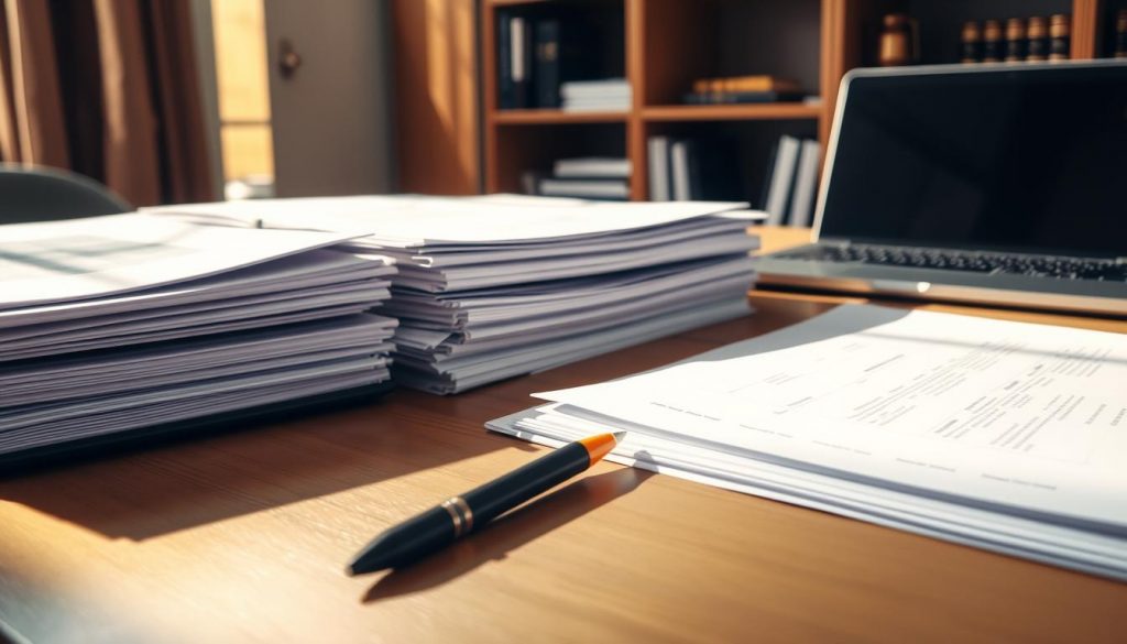 A neatly organized desk with stacks of folders, documents, and a laptop computer. A warm, natural lighting illuminates the scene, casting gentle shadows across the surface. In the foreground, a pen and highlighter stand ready to mark up important paperwork. The middle ground features a well-labeled filing system, with tabs and dividers to keep everything in order. In the background, a bookshelf displays reference materials and legal resources. The atmosphere conveys a sense of productivity and efficiency, reflecting the meticulous attention to detail required for managing important documentation. A neatly organized desk with stacks of folders, documents, and a laptop computer. A warm, natural lighting illuminates the scene, casting gentle shadows across the surface. In the foreground, a pen and highlighter stand ready to mark up important paperwork. The middle ground features a well-labeled filing system, with tabs and dividers to keep everything in order. In the background, a bookshelf displays reference materials and legal resources. The atmosphere conveys a sense of productivity and efficiency, reflecting the meticulous attention to detail required for managing important documentation.
