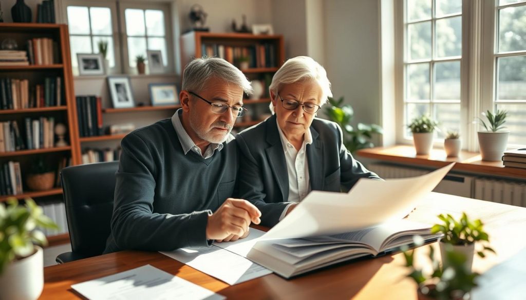 A neatly organized home office, sunlight streaming through large windows, casting a warm glow on a wooden desk. A middle-aged couple sits side by side, examining financial documents and discussing the transfer of their jointly owned assets, avoiding the need for probate. Their expressions are calm and focused, conveying a sense of control and preparedness. The background features bookshelves, plants, and personal mementos, creating a tranquil, professional atmosphere. The scene is captured with a shallow depth of field, emphasizing the couple's collaboration and the importance of their task.
