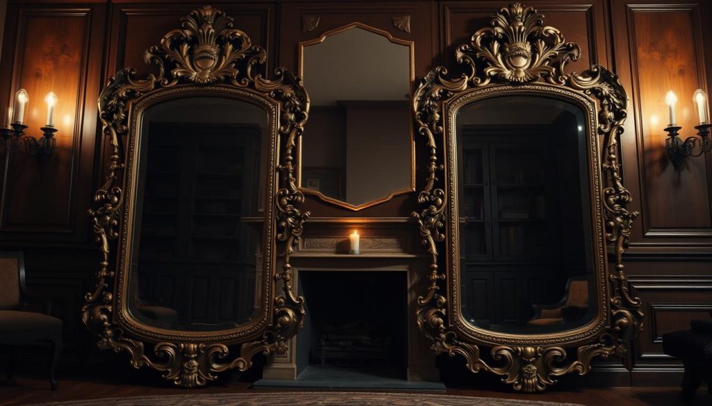 A pair of ornate antique mirrors reflecting each other in a dimly lit, wood-paneled study. The mirrors are aged with a patina, their intricate frames adorned with baroque flourishes. Soft, warm lighting from a fireplace and a single candle on a side table cast a cozy, contemplative atmosphere. The mirrors appear to be positioned at a slight angle, creating an infinite regress effect, symbolizing the intertwined nature of "mirror wills". The scene is captured from a low angle, emphasizing the grandeur and significance of the mirrored reflection. A pair of ornate antique mirrors reflecting each other in a dimly lit, wood-paneled study. The mirrors are aged with a patina, their intricate frames adorned with baroque flourishes. Soft, warm lighting from a fireplace and a single candle on a side table cast a cozy, contemplative atmosphere. The mirrors appear to be positioned at a slight angle, creating an infinite regress effect, symbolizing the intertwined nature of "mirror wills". The scene is captured from a low angle, emphasizing the grandeur and significance of the mirrored reflection.