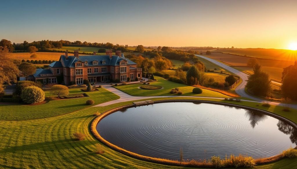 A panoramic view of a stately manor house, its grand facade bathed in the warm glow of the setting sun. In the foreground, a well-manicured garden with a serene pond, its surface gently rippling. Surrounding the manor, rolling hills dotted with lush trees and a winding country road leading to the distant horizon. The overall atmosphere conveys a sense of wealth, inheritance, and the intergenerational transfer of assets. The image is captured through a wide-angle lens, emphasizing the scale and grandeur of the scene.