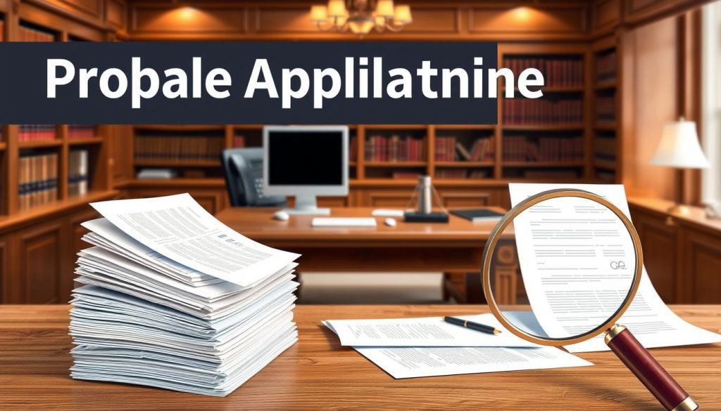 A professional, meticulously crafted probate application timeline illustration. In the foreground, a stack of legal documents with a magnifying glass inspecting them, conveying the careful examination of paperwork. In the middle ground, a neutral-toned wooden desk with a computer, phone, and pen, representing the administrative work involved. The background depicts a law firm interior with bookshelves, wooden paneling, and warm lighting, establishing a serious, authoritative atmosphere. The overall composition suggests the meticulous, step-by-step process of probate, with attention to detail and a sober, professional demeanor. A professional, meticulously crafted probate application timeline illustration. In the foreground, a stack of legal documents with a magnifying glass inspecting them, conveying the careful examination of paperwork. In the middle ground, a neutral-toned wooden desk with a computer, phone, and pen, representing the administrative work involved. The background depicts a law firm interior with bookshelves, wooden paneling, and warm lighting, establishing a serious, authoritative atmosphere. The overall composition suggests the meticulous, step-by-step process of probate, with attention to detail and a sober, professional demeanor.