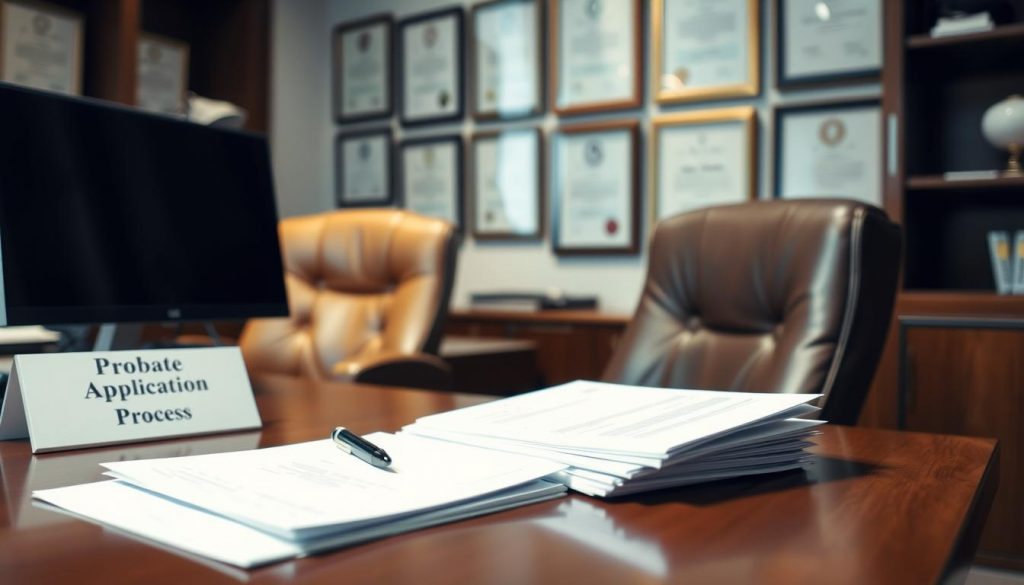 A professional office setting with a wooden desk, leather chair, and a computer monitor. On the desk, a stack of documents, a pen, and a nameplate reading "Probate Application Process". The walls are adorned with framed legal certificates, casting a warm, authoritative atmosphere. Soft, diffused lighting illuminates the scene, creating a sense of professionalism and attention to detail. The background is blurred, emphasizing the focus on the desk and its contents. The overall tone is one of efficiency, diligence, and the careful handling of important legal matters. A professional office setting with a wooden desk, leather chair, and a computer monitor. On the desk, a stack of documents, a pen, and a nameplate reading "Probate Application Process". The walls are adorned with framed legal certificates, casting a warm, authoritative atmosphere. Soft, diffused lighting illuminates the scene, creating a sense of professionalism and attention to detail. The background is blurred, emphasizing the focus on the desk and its contents. The overall tone is one of efficiency, diligence, and the careful handling of important legal matters.