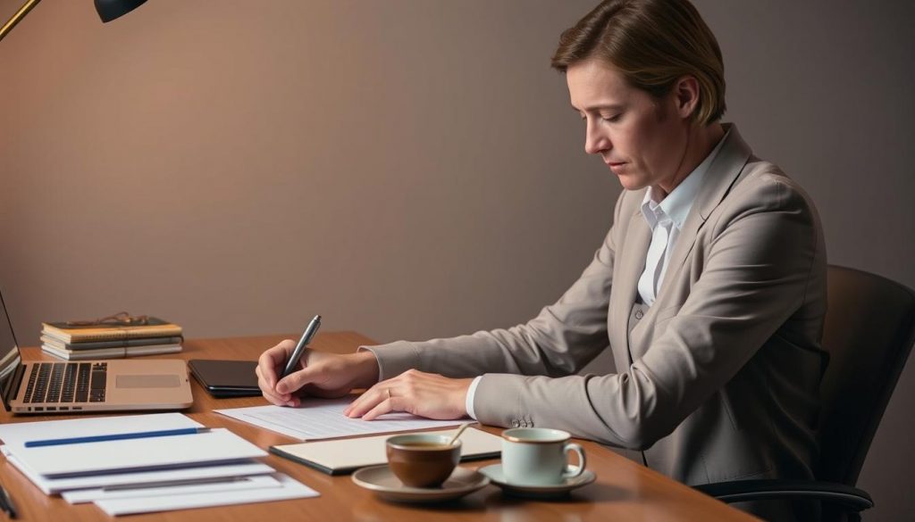 A professional person sitting at a desk, meticulously crafting a letter to Her Majesty's Courts and Tribunals Service (HMCTS). The desk is adorned with a neatly organized array of stationery, a laptop, and a cup of tea, conveying a sense of focused determination. The lighting is warm and inviting, casting a soft glow on the scene. The person's expression is one of thoughtful concentration, as they carefully compose their message, mindful of the importance of effective communication during a probate delay. The background is a muted, neutral tone, allowing the subject to take center stage. The overall atmosphere is one of professionalism, attention to detail, and a commitment to resolving the situation at hand. A professional person sitting at a desk, meticulously crafting a letter to Her Majesty's Courts and Tribunals Service (HMCTS). The desk is adorned with a neatly organized array of stationery, a laptop, and a cup of tea, conveying a sense of focused determination. The lighting is warm and inviting, casting a soft glow on the scene. The person's expression is one of thoughtful concentration, as they carefully compose their message, mindful of the importance of effective communication during a probate delay. The background is a muted, neutral tone, allowing the subject to take center stage. The overall atmosphere is one of professionalism, attention to detail, and a commitment to resolving the situation at hand.