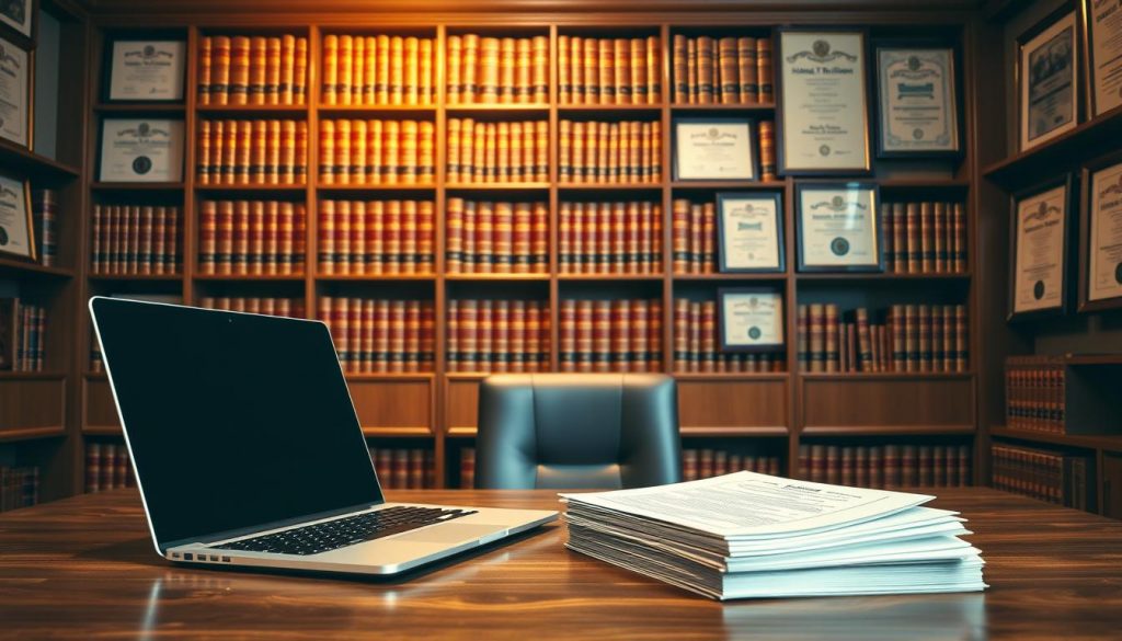 A professional yet welcoming office interior, featuring a wooden desk with a sleek, modern laptop and a stack of legal documents. In the background, a large bookshelf filled with leather-bound volumes, casting a warm, authoritative glow. The walls are adorned with framed certificates and diplomas, conveying a sense of expertise and credibility. Soft, directional lighting illuminates the scene, creating a refined and sophisticated atmosphere. The overall composition suggests a trustworthy environment where important legal matters, such as will registration, are meticulously handled. A professional yet welcoming office interior, featuring a wooden desk with a sleek, modern laptop and a stack of legal documents. In the background, a large bookshelf filled with leather-bound volumes, casting a warm, authoritative glow. The walls are adorned with framed certificates and diplomas, conveying a sense of expertise and credibility. Soft, directional lighting illuminates the scene, creating a refined and sophisticated atmosphere. The overall composition suggests a trustworthy environment where important legal matters, such as will registration, are meticulously handled.