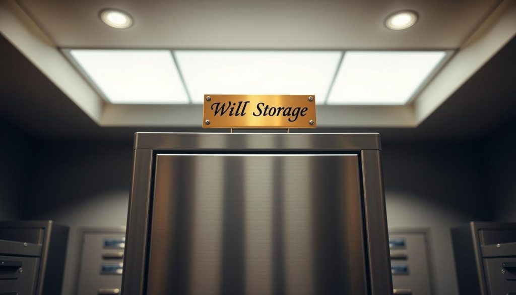 A secure, well-lit room with a sturdy metal filing cabinet in the center. Soft, diffused lighting illuminates the scene, casting gentle shadows. The cabinet's surface gleams, exuding an aura of reliability and order. On the top, a small brass plaque reads "WILL STORAGE" in elegant script. The background is a muted, neutral tone, allowing the cabinet to take center stage. The overall atmosphere conveys a sense of safety, organization, and the importance of preserving critical legal documents. A secure, well-lit room with a sturdy metal filing cabinet in the center. Soft, diffused lighting illuminates the scene, casting gentle shadows. The cabinet's surface gleams, exuding an aura of reliability and order. On the top, a small brass plaque reads "WILL STORAGE" in elegant script. The background is a muted, neutral tone, allowing the cabinet to take center stage. The overall atmosphere conveys a sense of safety, organization, and the importance of preserving critical legal documents.