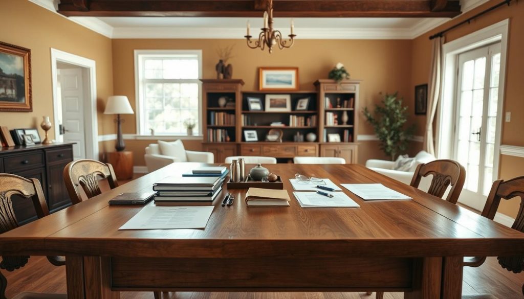 A serene and well-lit living room, with a large oak dining table in the foreground. On the table, an assortment of personal items and documents, representing the transfer of wealth during one's lifetime. In the middle ground, a tastefully decorated bookshelf and a large window, allowing natural light to fill the space. The background features a warm, inviting color palette, creating a cozy and contemplative atmosphere. The overall scene conveys a sense of thoughtful planning and the importance of carefully managing one's estate.