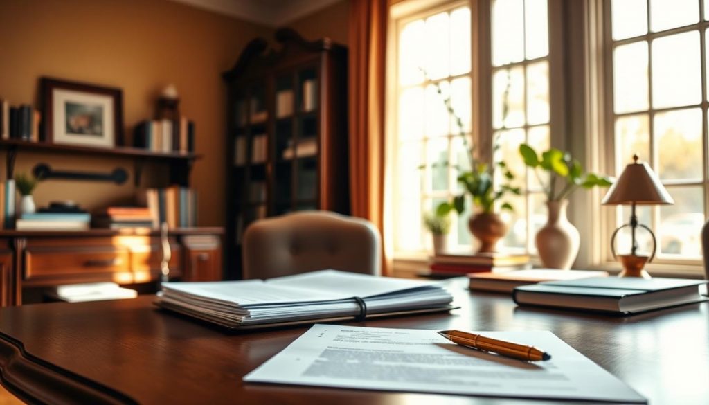 A serene and well-organized home office, illuminated by natural light filtering through large windows. On the desk, a stack of legal documents and a pen, symbolizing the careful planning and collaboration involved in creating joint wills. A sense of trust, security, and careful consideration permeates the scene, reflecting the pros of joint wills as an estate planning solution. The room is decorated in warm, earthy tones, conveying a sense of stability and permanence. The overall atmosphere is one of thoughtfulness and diligence, inviting the viewer to consider the merits of joint wills in the context of the article's subject matter. A serene and well-organized home office, illuminated by natural light filtering through large windows. On the desk, a stack of legal documents and a pen, symbolizing the careful planning and collaboration involved in creating joint wills. A sense of trust, security, and careful consideration permeates the scene, reflecting the pros of joint wills as an estate planning solution. The room is decorated in warm, earthy tones, conveying a sense of stability and permanence. The overall atmosphere is one of thoughtfulness and diligence, inviting the viewer to consider the merits of joint wills in the context of the article's subject matter.