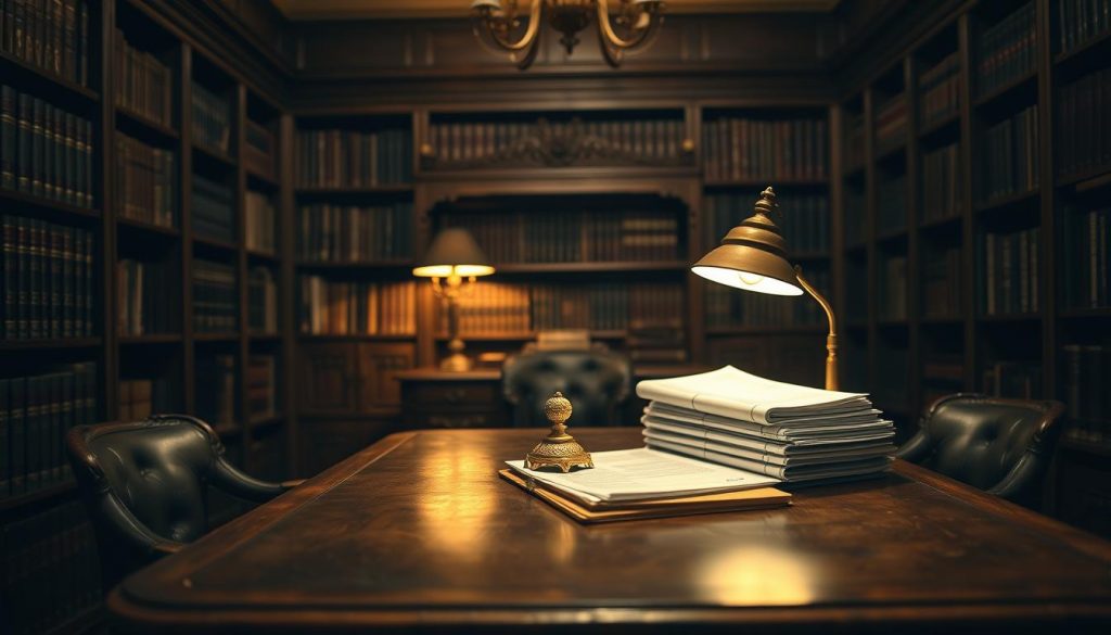 A serene, dimly lit study with rich oak furniture and leather-bound books lining the shelves. In the center, a well-worn antique desk stands, illuminated by a soft, warm glow from a brass desk lamp. On the desk, a stack of financial documents and an ornate brass paperweight, symbolizing the careful management of inheritance. The background is slightly blurred, creating a sense of depth and focus on the desk and its contents. The overall atmosphere conveys a sense of thoughtful contemplation and the weight of intergenerational wealth. A serene, dimly lit study with rich oak furniture and leather-bound books lining the shelves. In the center, a well-worn antique desk stands, illuminated by a soft, warm glow from a brass desk lamp. On the desk, a stack of financial documents and an ornate brass paperweight, symbolizing the careful management of inheritance. The background is slightly blurred, creating a sense of depth and focus on the desk and its contents. The overall atmosphere conveys a sense of thoughtful contemplation and the weight of intergenerational wealth.