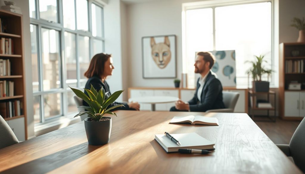 A serene office setting, sunlight streaming through large windows, where two individuals engage in a mediated discussion. The foreground features a wooden table with a potted plant, a notebook, and a pen - symbols of professional dialogue. The middle ground showcases the two participants, their body language conveying a sense of collaboration and mutual understanding. The background subtly depicts bookcases and abstract artwork, creating an atmosphere of thoughtful contemplation. Soft, diffused lighting casts a warm, inviting glow, reflecting the mediation's cooperative nature. The overall scene evokes a tranquil, problem-solving environment where compromise and communication are the focus.