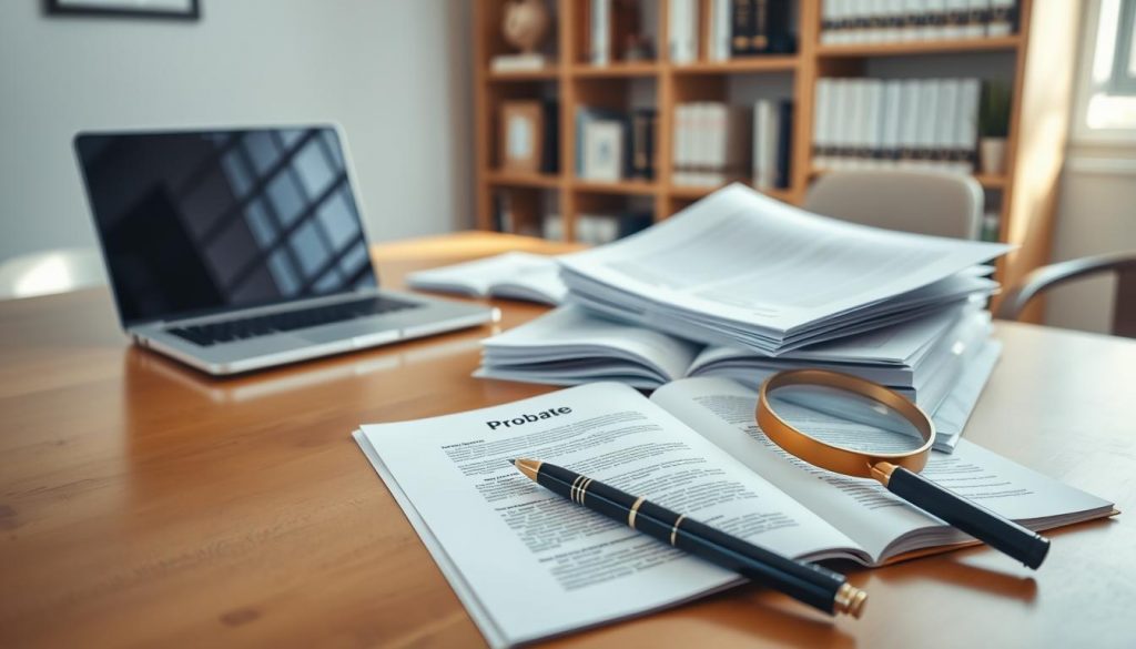 A serene office setting with a wooden desk, a laptop, and a stack of documents representing the probate process. Soft natural lighting floods the scene, creating a calming atmosphere. In the foreground, a pen and a magnifying glass symbolize the attention to detail required. The middle ground features an open book with estate planning information, while the background showcases a bookshelf filled with legal resources. The overall composition conveys a sense of efficiency and organization, highlighting the simplification of the probate process. A serene office setting with a wooden desk, a laptop, and a stack of documents representing the probate process. Soft natural lighting floods the scene, creating a calming atmosphere. In the foreground, a pen and a magnifying glass symbolize the attention to detail required. The middle ground features an open book with estate planning information, while the background showcases a bookshelf filled with legal resources. The overall composition conveys a sense of efficiency and organization, highlighting the simplification of the probate process.