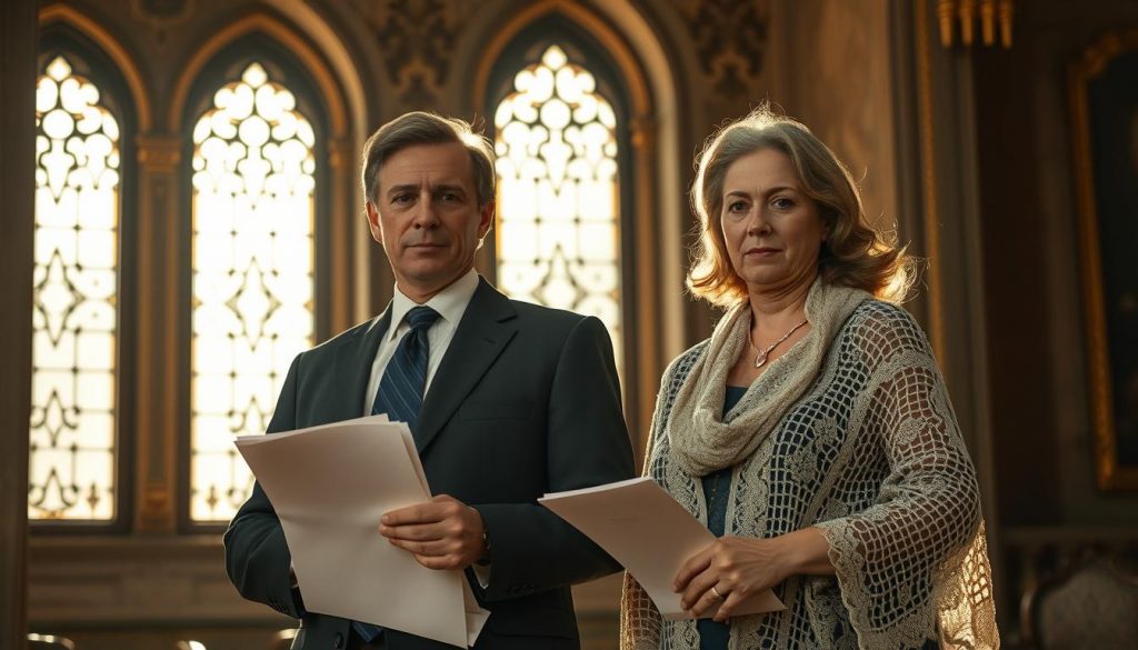 A solemn executor stands resolute, papers in hand, contrasted by the guiding presence of a guardian, their compassionate gaze offering a softer, more nurturing counterpoint. Sunlight filters through ornate windows, casting a warm, contemplative glow upon the scene. Intricate details of the executor's tailored suit and the guardian's delicate lace shawl lend an air of formality and care. The composition is balanced, with the figures positioned to draw the viewer's eye, inviting contemplation of the distinct roles and responsibilities they represent.