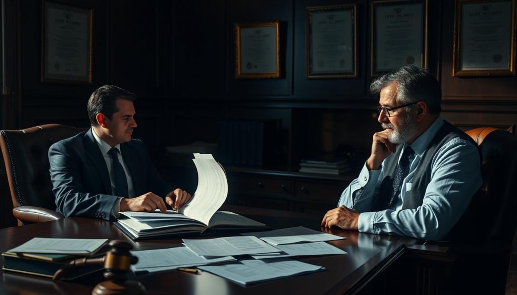 A somber legal office interior, with a polished wooden desk and leather chairs. Two people, a lawyer and a client, engaged in a serious discussion, the client's brow furrowed with concern. Soft, indirect lighting casts shadows, creating a contemplative atmosphere. An open file on the desk, documents and legal papers scattered, suggesting the complex process of contesting a will. The walls adorned with certificates and framed legal diplomas, conveying a sense of authority and expertise. The scene evokes the gravity and formality of the legal proceedings involved in challenging the validity of a last will and testament. A somber legal office interior, with a polished wooden desk and leather chairs. Two people, a lawyer and a client, engaged in a serious discussion, the client's brow furrowed with concern. Soft, indirect lighting casts shadows, creating a contemplative atmosphere. An open file on the desk, documents and legal papers scattered, suggesting the complex process of contesting a will. The walls adorned with certificates and framed legal diplomas, conveying a sense of authority and expertise. The scene evokes the gravity and formality of the legal proceedings involved in challenging the validity of a last will and testament.